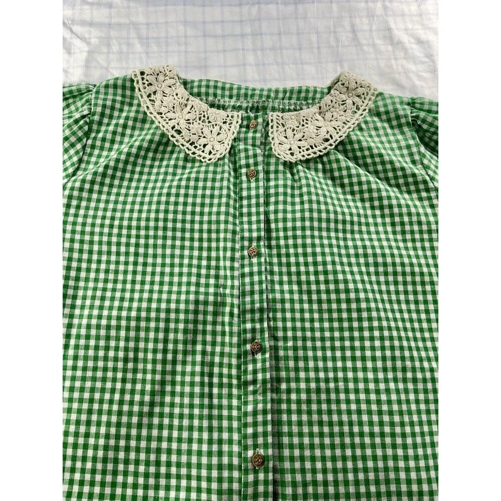 Vintage-Style Green Gingham Crochet Lace Collar House Dress - Size L/XL - Picture 2 of 16